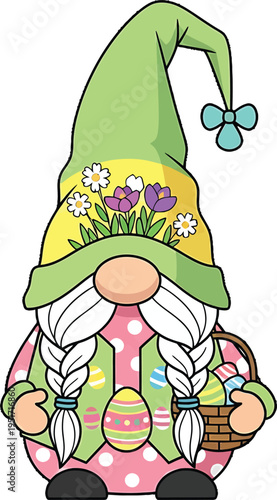 Festive Easter Gnome with Basket of Colorful Eggs in Spring Celebration Theme