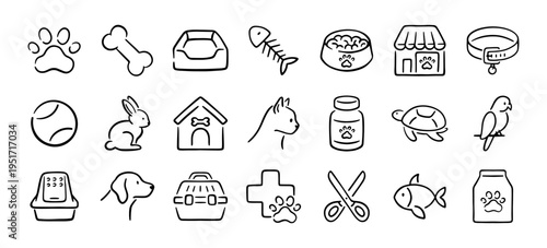 Hand drawn doodle pet shop and veterinary care icons set vector illustration isolated on white background.