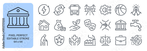 Sector of society editable stroke outline icons set isolated on white background flat vector illustration. Pixel perfect. 64 x 64.