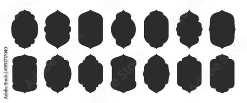 Black islamic ramadan frame arch shape vector illustration set. Modern arabian ethnic border.	