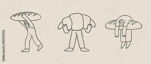 Characters holding a french baguette bread and croissant for breakfast flat doodle sketch set isolated vector illustration. Funny food lover minimal cafe design.