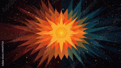 Vibrant Abstract Sunburst with Dynamic Patterns and Cosmic Background