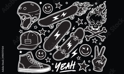 Skate Punk Desert Western Line Art Clipart Vector Illustration Bundle