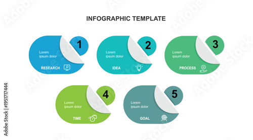 Modern business infographic template. 5 step or process on columns with paper style and icons. Vector illustration suitable for presentation work, workflow layout and business information.