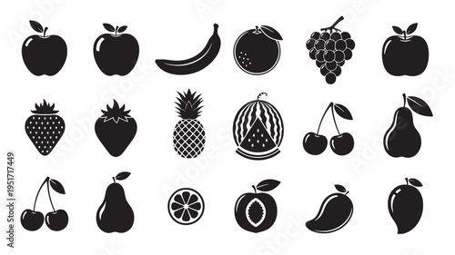Fruit icons set with apples, bananas, oranges, grapes, strawberries, pineapples, watermelons, cherries, pears, citrus, peaches, and mangoes on white