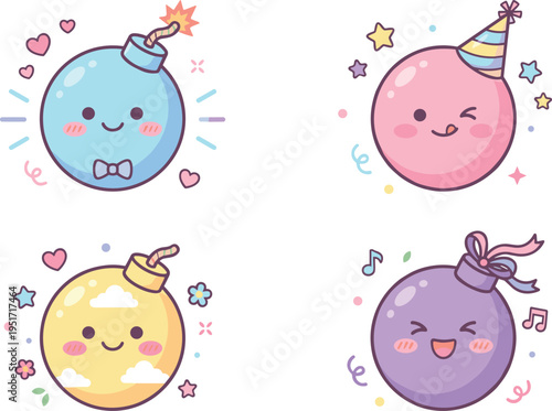 Cute Kawaii Bomb Characters Set with Pastel Colors, Hearts, Party Elements and Fun Expressions