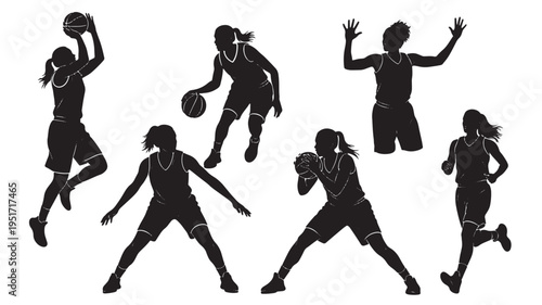 Basketball players female silhouettes in action poses, dribbling, shooting, and running, depicting dynamic athletic movements on court.