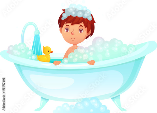 Smiling boy enjoying bath time with rubber duck