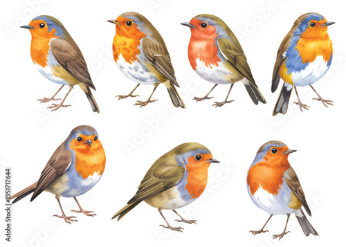 European robin songbirds with orange breast in delicate watercolor artwork.