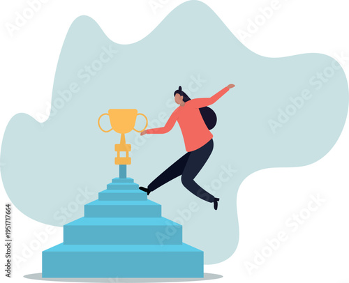 Woman success, step to achieve career success, motivation to grow career path, growth, climb up stair to reach goal,human life and situation.