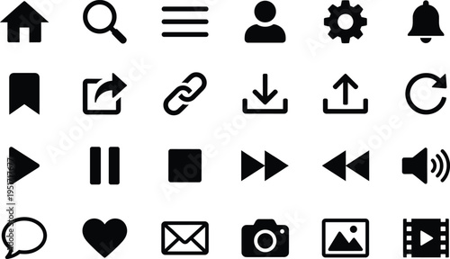 Collection of various web and interface icons in black and white