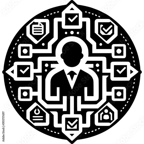 Centralized Authority: A striking illustration depicts a stylized person at the core of a network, symbolic of control, authority, and the centralized nature of decision-making. The circular design.