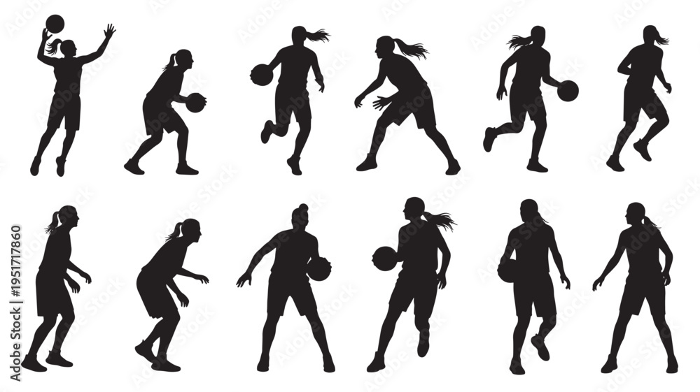 Obraz premium Basketball players set with dynamic silhouettes in various action poses, illustrating movement and sport