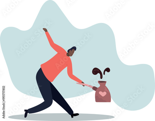 Man Holding Turkish Coffee Pot with Splash . Traditional Coffee Brewing Vector Illustration.