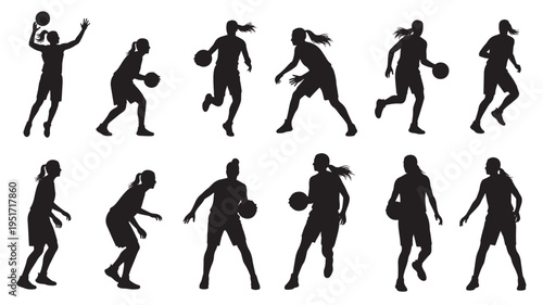 Basketball players set with dynamic silhouettes in various action poses, illustrating movement and sport