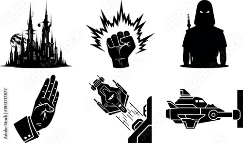 Collection of futuristic and powerful iconography symbols isolated on transparent background