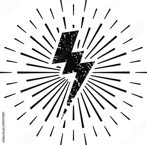 Distressed lightning bolt icon radiating power energy concept
