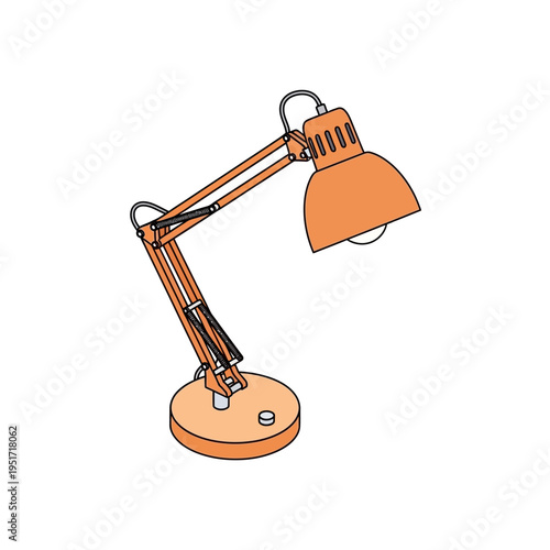 An orange desk lamp with an adjustable arm and a circular base, isolated.