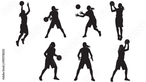 Basketball players silhouette set with various dynamic poses and actions, isolated on a white background for sport graphics