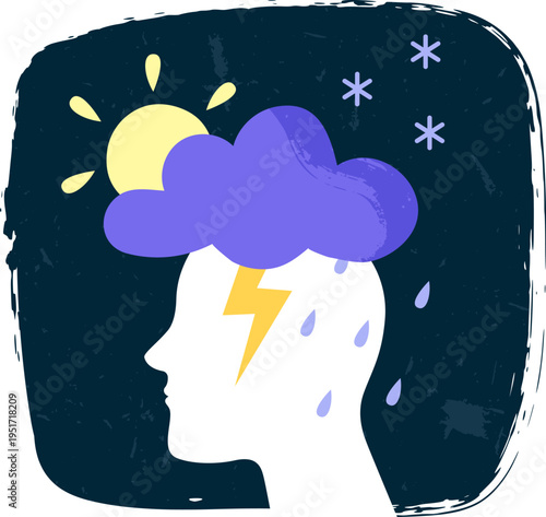Human head experiencing emotional storm and seasonal affective disorder
