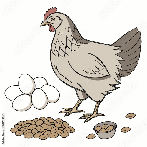 Chicken standing next to eggs and peanuts farm