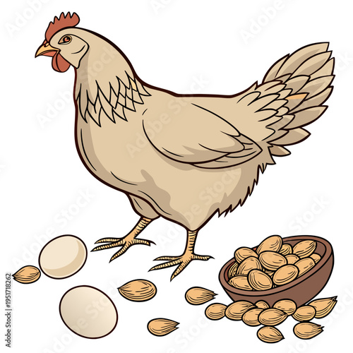 Chicken standing next to bowl of peanuts and eggs