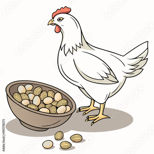 White chicken standing next to bowl of peanuts farm