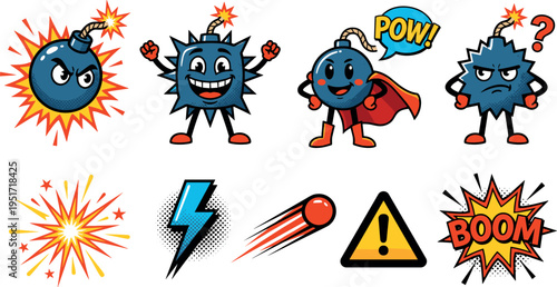 Cartoon Bomb Characters Explosion Icons Set with Comic Style Effects and Danger Symbols
