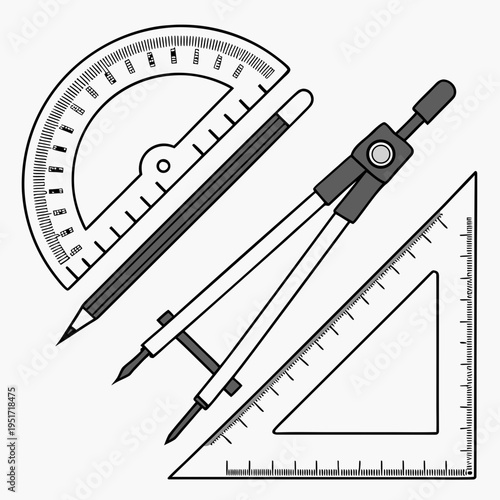 Tools with compass and ruler protractor pencil
