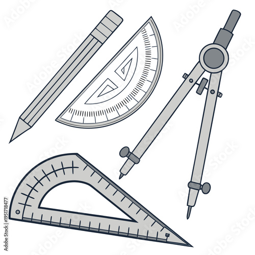 Colored tools and compass ruler protractor pencil