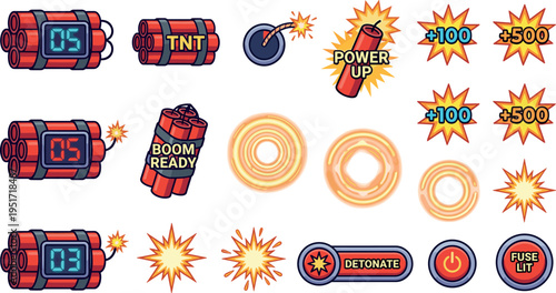 Cartoon Fireworks and Explosive Elements Vector Set with Dynamite, Firecrackers, Blast Effects and Spark Bursts