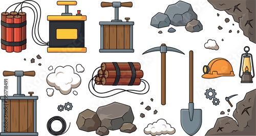 Mining Equipment and Dynamite Tools Set with Rocks, Pickaxe, Helmet and Drill Illustration