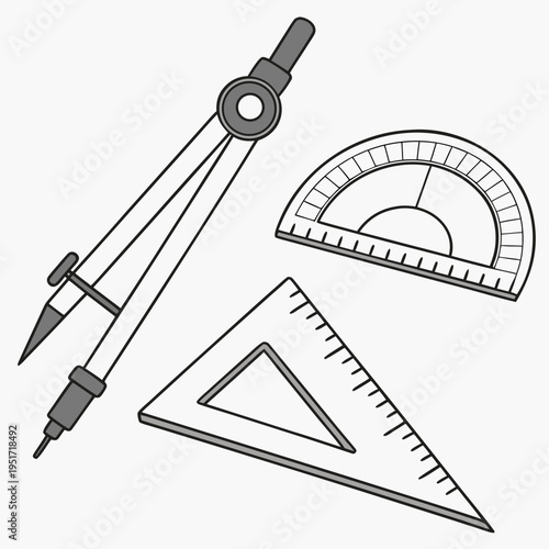 Compass, protractor, and triangle ruler technical drafting tools