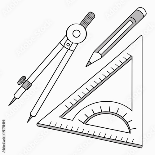 Pencil, compass, and triangle ruler protractor technical drafting tools