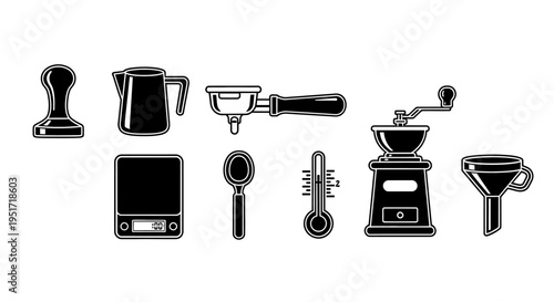 Collection of coffee making equipment icons, black silhouettes on white background vector illustration