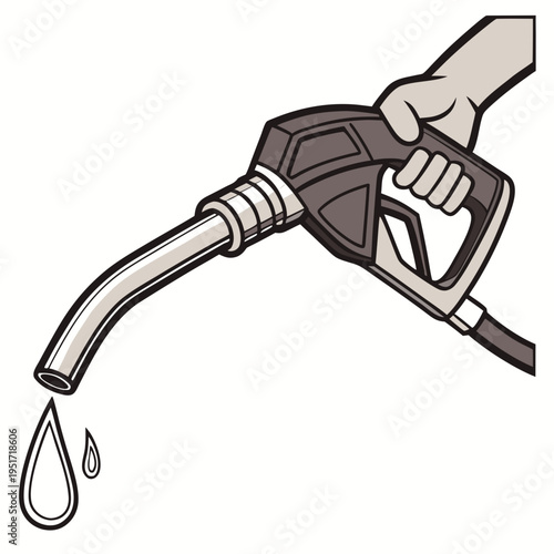 Hand holding gray gas pump nozzle with two drops of gasoline