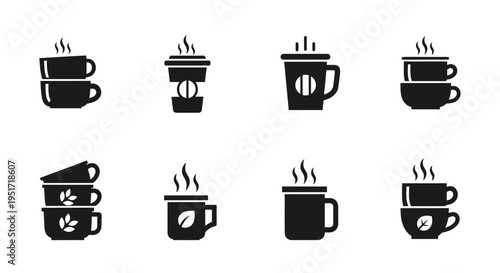 Set of coffee and tea cup icons with leaf and bean symbols for cafe branding design collection of hot beverage mug silhouettes with steam for menus isolated