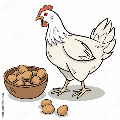 White Chicken with Bowl of Peanuts farm