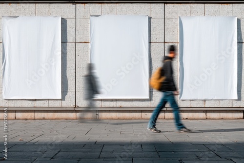 Three blank posters hanging on a wall with a blurred figure walking past, ready for advertisement
