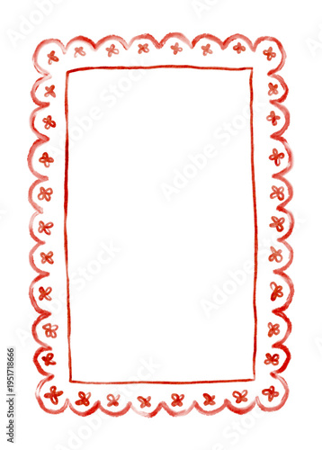 Whimsical Doodle Frame Border Gouache Watercolor Decorative Red Flowers Handdrawn Painterly Coquette Card Banner Poster Element