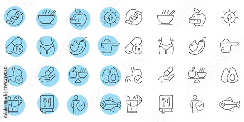 Hand-drawn cartoon and doodle set of nutrition and diet icons on a white background.