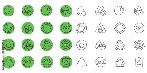 Hand-drawn cartoon and doodle set of recycling icons on a white background.