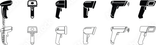 QR code scanner icon set collection group in black flat line style featuring barcode reader, scanning device, digital sensor, POS technology, retail equipment and automation synonym elements for payme