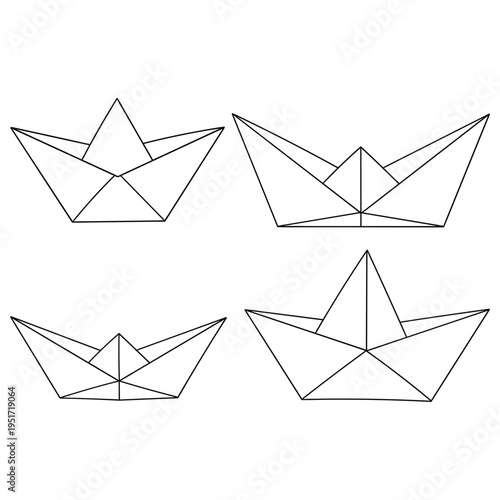 Hand-drawn doodle set of origami paper boats on a white background.