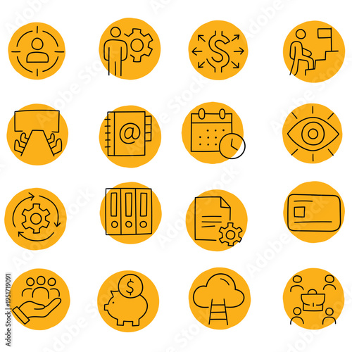 Hand-drawn cartoon set of office and business icons on a white background.