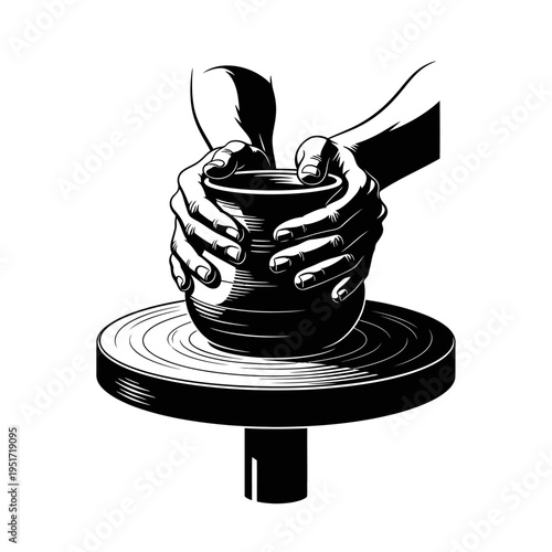 Black Silhouette of Potter Hands Shaping Clay for Wheel Throwing and Artistic Ceramic Creation