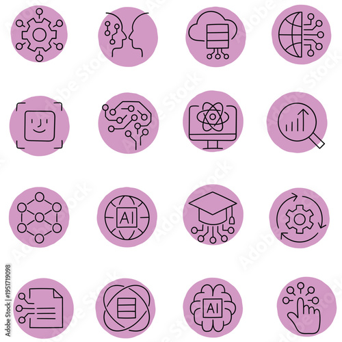 Hand-drawn cartoon set of artificial intelligence icons on a white background.