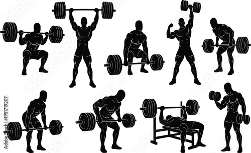 Silhouette collection of athletes performing weightlifting exercises including squats, deadlifts, bench press, curls, and overhead press