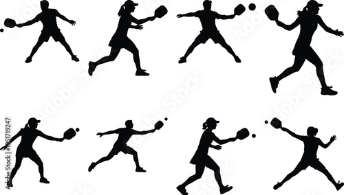 Set of eight black silhouettes of diverse individuals engaged in pickleball, capturing different stances and movements against a clean white backdrop, emphasizing sport and active living.