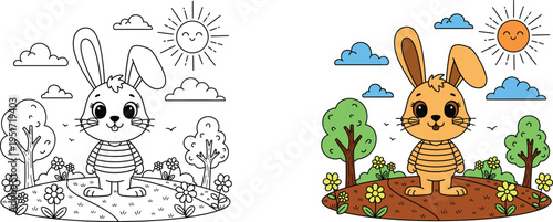 Coloring page of a bunny in a garden with silhouette